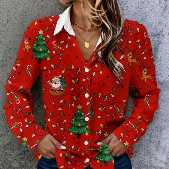 Women Casual Minimalist Christmas Pattern Loose Cardigan Shirt, - Picture 4 of 4